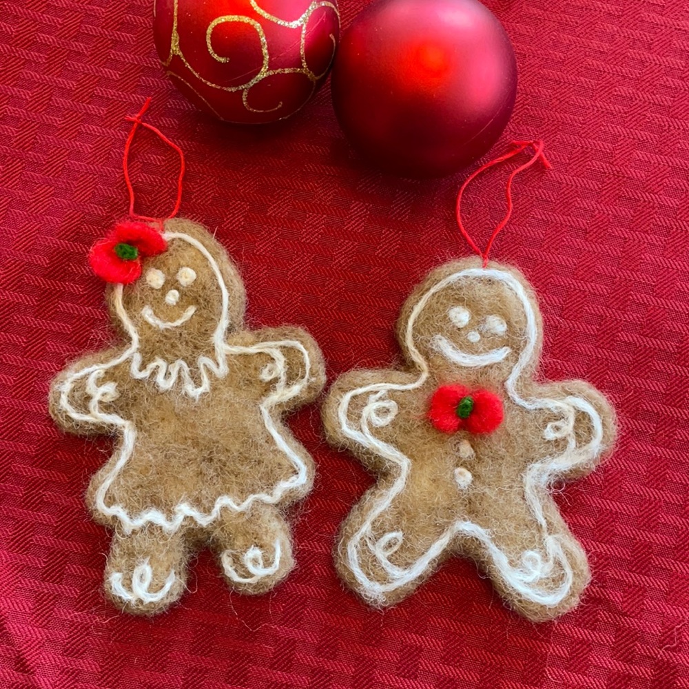 Handcrafted needle felted pair of gingerbread man and lady Christmas ornaments